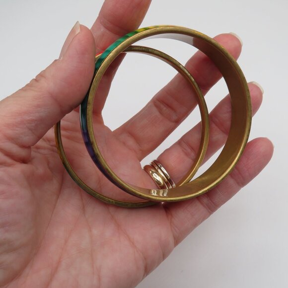 Vintage Rainbow Design Brass Bangle Bracelets Set of 2 - Picture 4 of 10